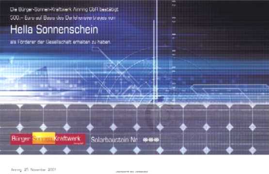 Solarbaustein f&uuml;r eine F&ouml;rderer-Einlage von 500 EURO